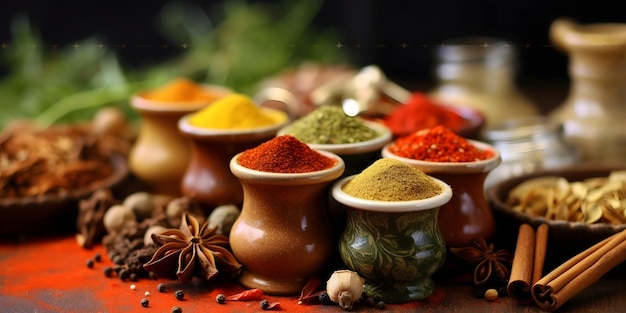 Spices and herbs in wooden bowls