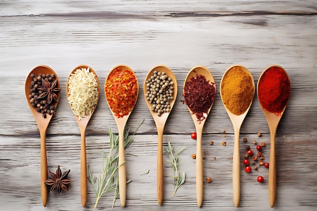 Spices and herbs in wooden spoons on a white wooden background