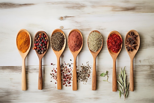 Spices and herbs in wooden spoons on a wooden background