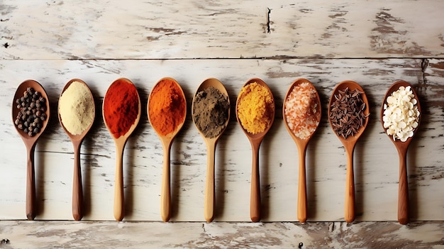 Spices and herbs in wooden spoons on a wooden background