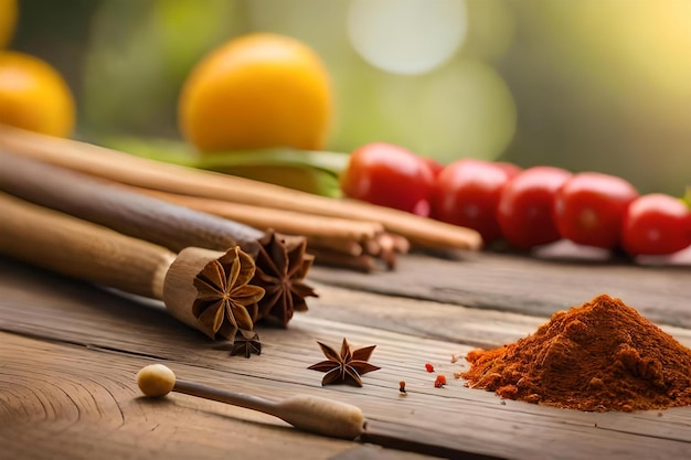 spices and herbs on a wooden table with a lemon and oranges in the background.