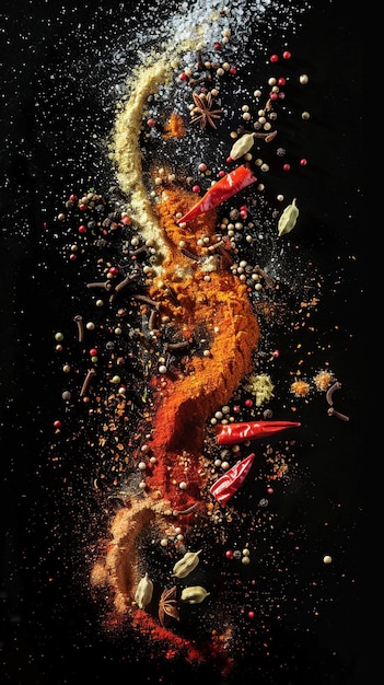 Photo spices mix explosion on black background