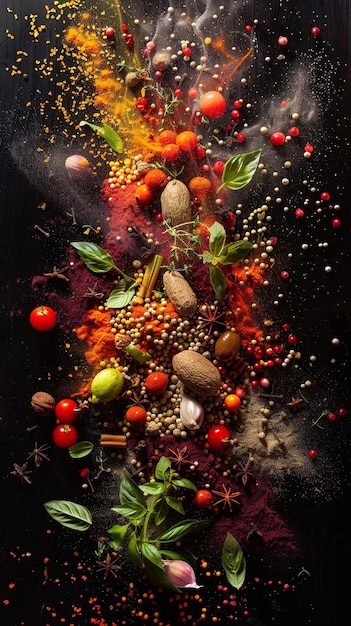 Photo spices mix explosion on black background