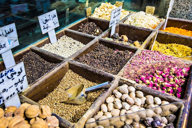 Spices, nuts and sweets shop on the market in Amman downtown, Jordan