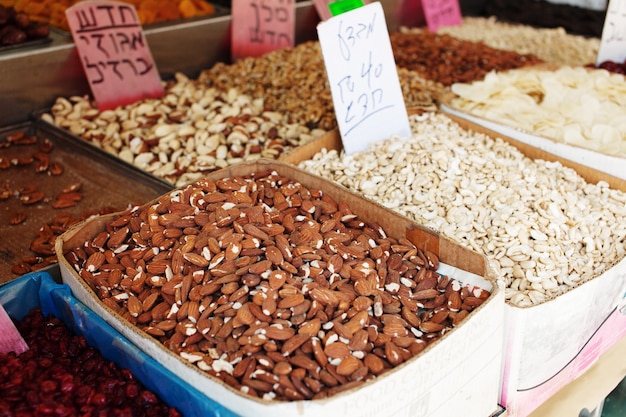 Spices, nuts and vegetables in open market in Tel Aviv, Israel