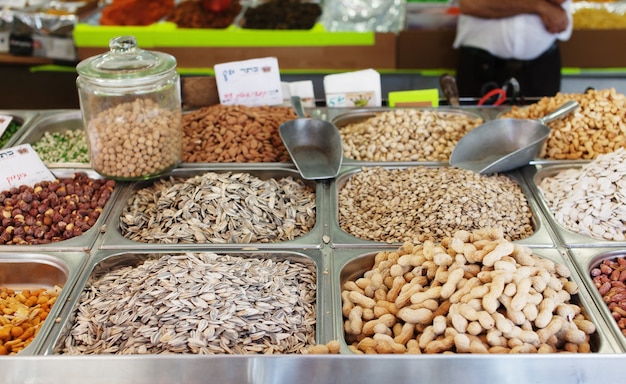 Spices, nuts and vegetables in open market in Tel Aviv, Israel