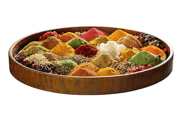 Spices and seasoning on wooden tray Heap of different Spices Assortment spices and seasonings