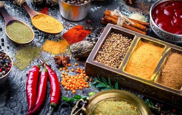 Spices and seasonings for cooking in the composition on the table