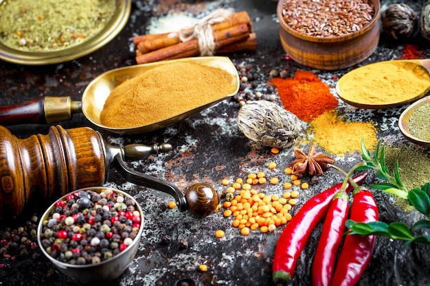 Spices and seasonings on a wooden table