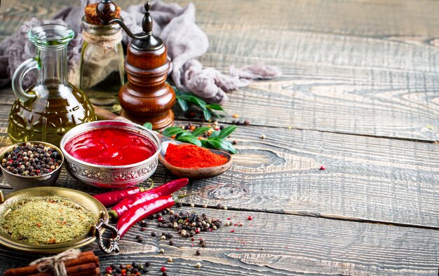 Spices and seasonings on a wooden table