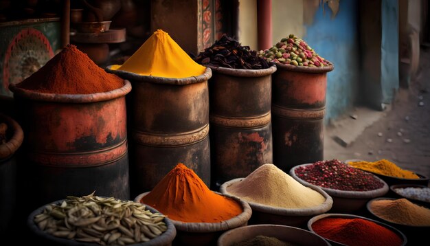 Spices in a shop with a blue wall behind them