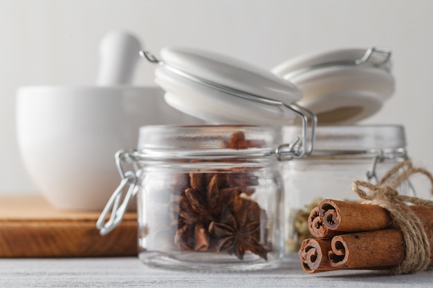 Spices on special jars. Food