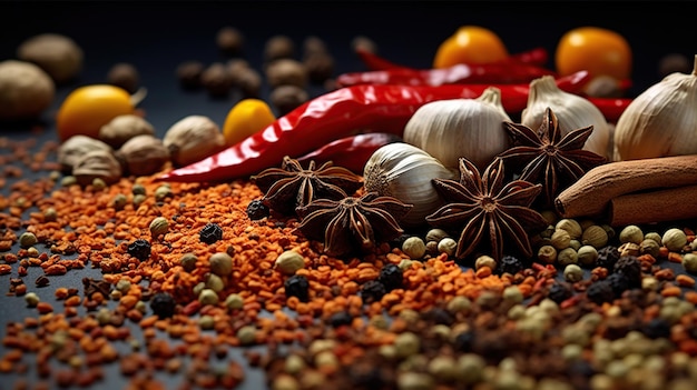 Spices Spices colorful background Spice and herbs backdrop Assortment of Seasonings condiments Cooking ingredients flavors