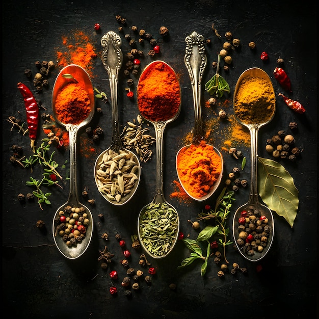 Spices in Spoons on Dark Background