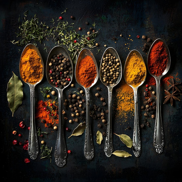 Photo spices in spoons on dark background