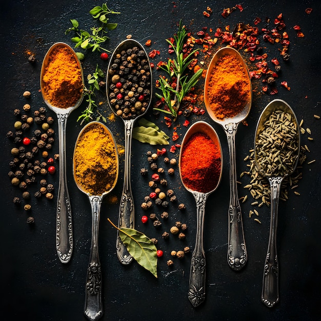 Spices in Spoons on Dark Background