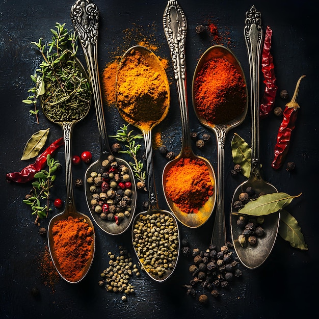 Spices in Spoons on Dark Background