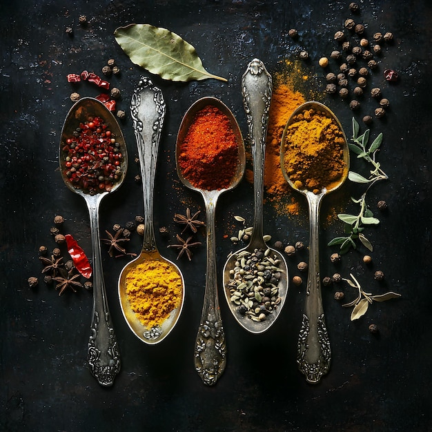 Spices in Spoons on Dark Background