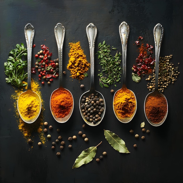 Spices in Spoons on Dark Background