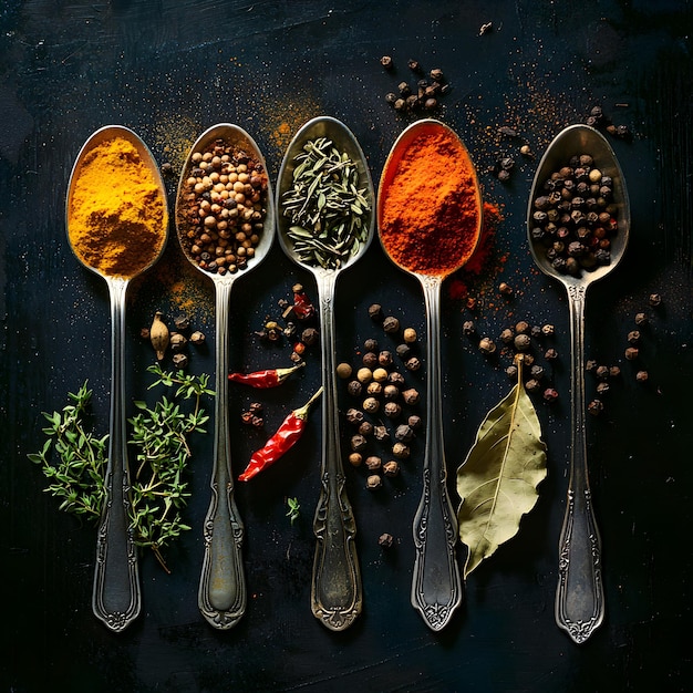 Spices in Spoons on Dark Background