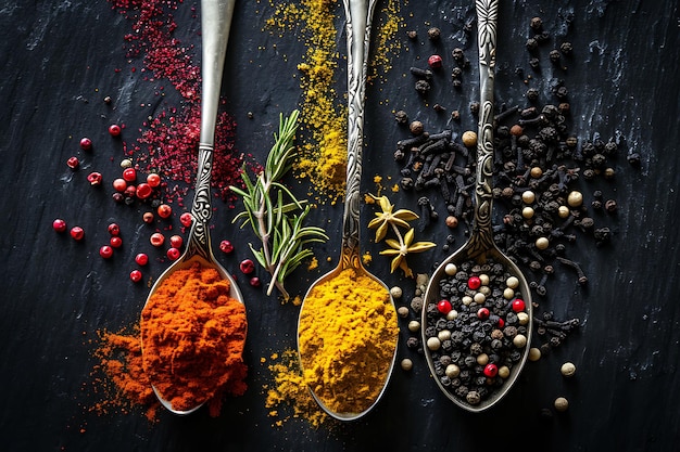 Spices on Spoons Isolated on a Dark Background