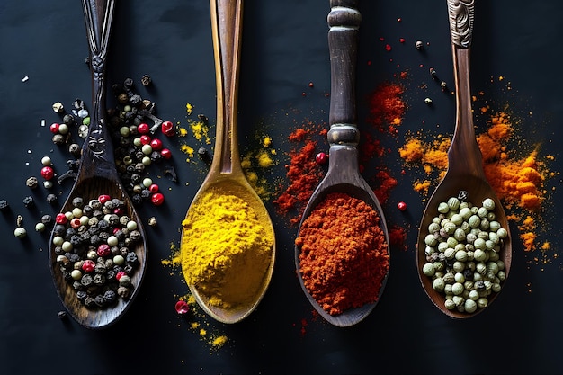 Spices on Spoons Isolated on a Dark Background