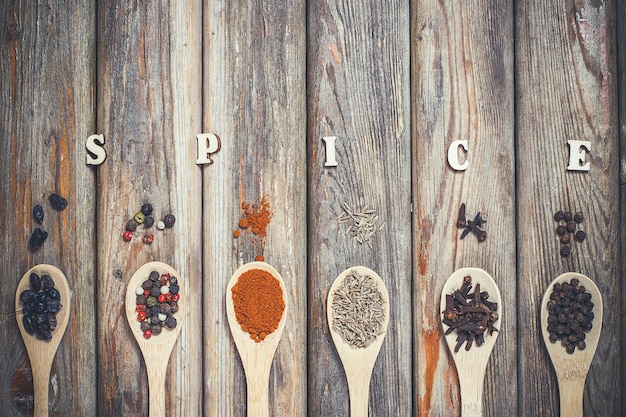 Photo spices in spoons and spice inscription