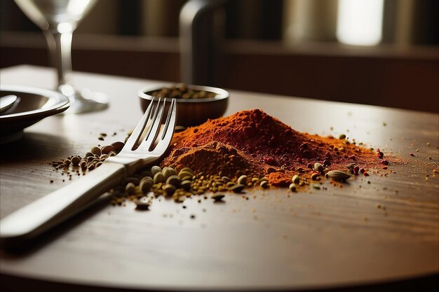 Photo spices on table with cutlery silhouette closeup