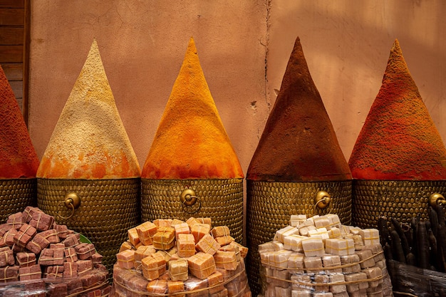 Spices at a traditional Moroccan market in Marrakech Morocco