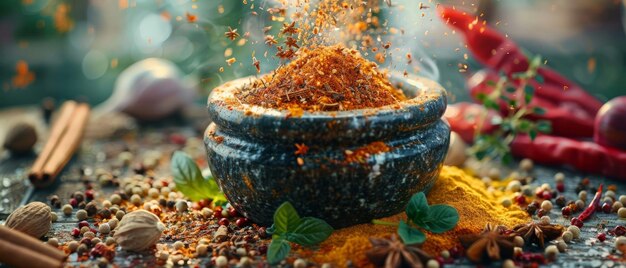 Spices tumbling into a mortar aroma release culinary art