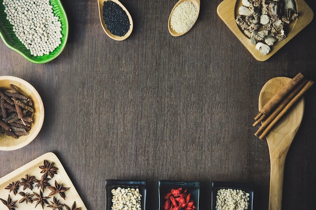 Spices on wooden boards.