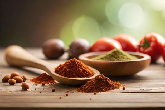 spices in a wooden bowl with a spoon and a spoon with a spoon of parsley.