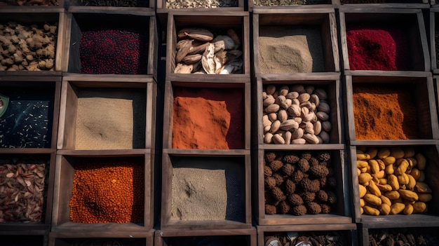 Spices in wooden boxes, one of which is a spice