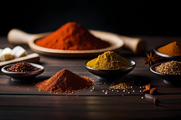 Spices on a wooden table with a black background