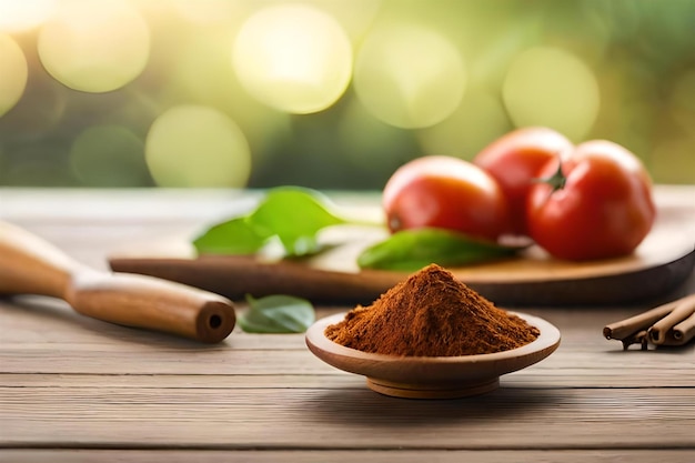 spices on a wooden table with a bowl of parsley and a wooden spoon.