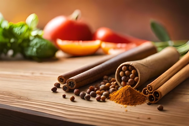 spices on a wooden table with a spoon and spices in the background.