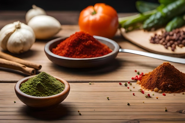 spices on a wooden table with a spoon and a spoon.