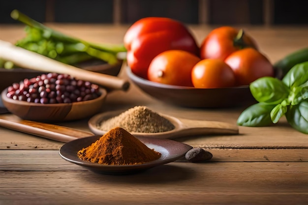 spices on a wooden table with a wooden spoon and a bowl of spices.