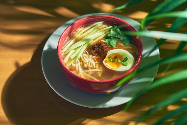 Spicy Asian Sichuan soup with noodles, minced meat, egg and cucumber in a bowl.