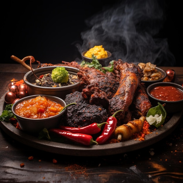 A spicy bbq platter with slight smoke emitting