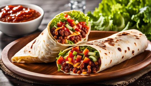 Spicy burrito with red salsa lettuce and vegetables