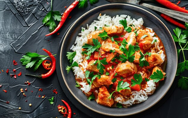 Photo spicy chicken curry with rice