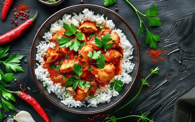 Photo spicy chicken curry with rice