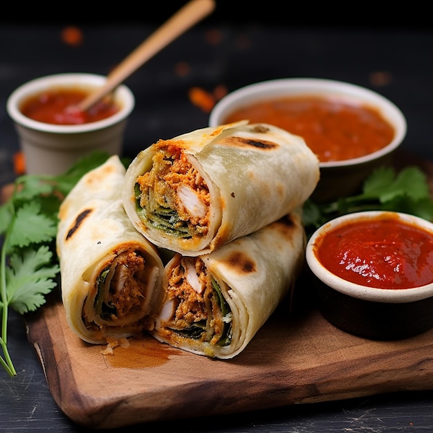 A spicy chicken paratha roll with chillies and spicy