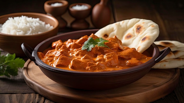 Spicy Chicken Tikka Masala Curry with Rice and Naan Bread on Wooden Background Perfect for Indian