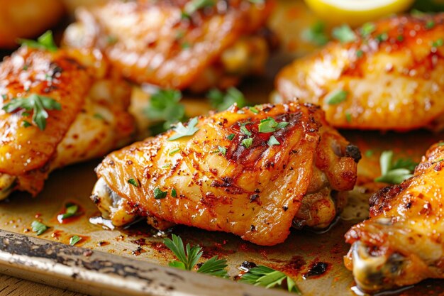 Spicy chicken wings arranged on a kitchen table