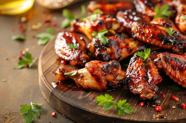 Spicy chicken wings arranged on a kitchen table