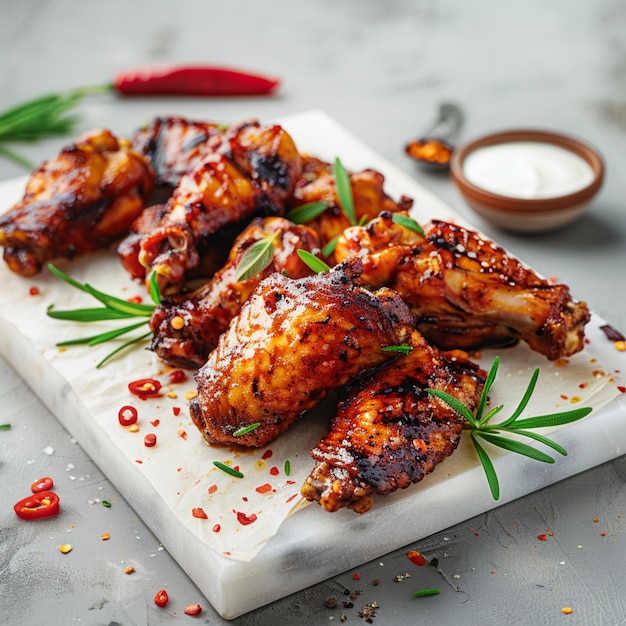 Spicy chicken wings arranged on a kitchen table