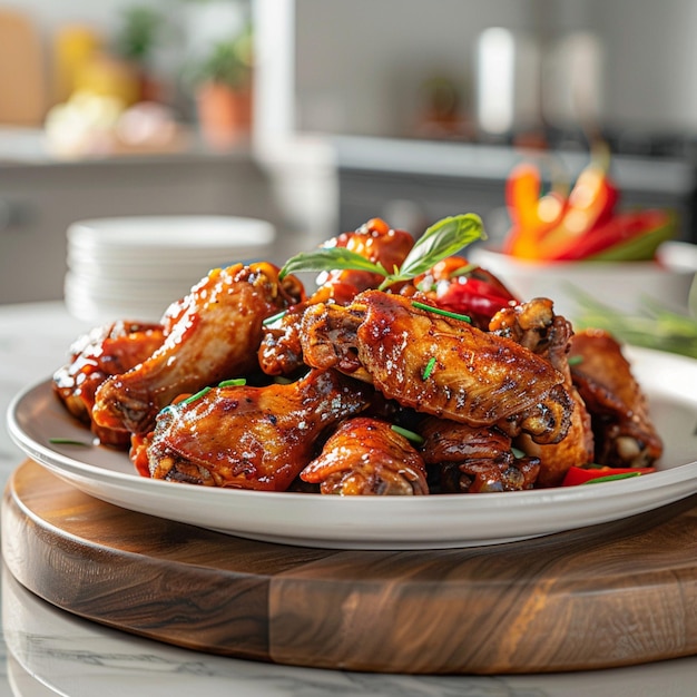 Spicy chicken wings arranged on a kitchen table