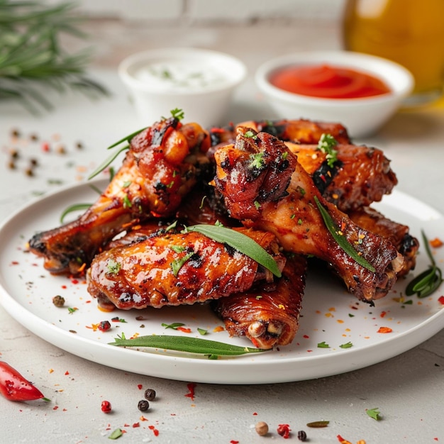 Spicy chicken wings arranged on a kitchen table